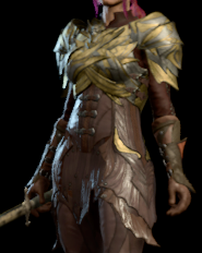 Spidersilk armour dyed muddy red worn by female player character