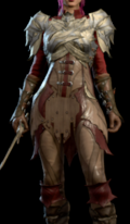 Spidersilk armour dyed white and scarlet worn by female player character