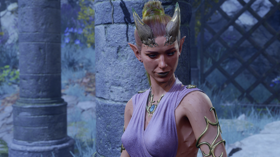 A female tiefling with reddish skin wearing a light purple dress sitting in front of stone pillars during a dialogue scene.